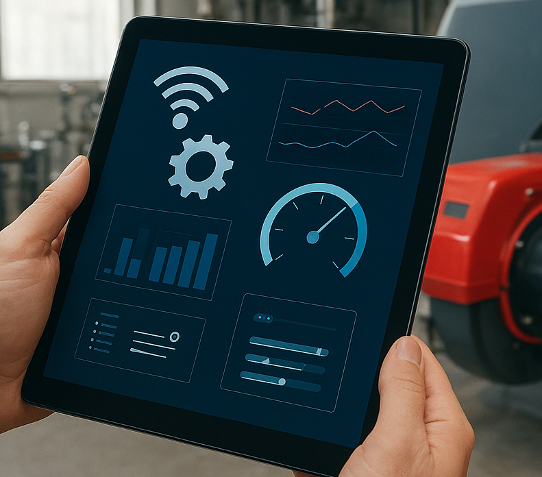 Mobile operator panel displaying coffee roaster performance and efficiency data in real-time.