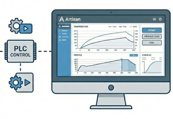 Ilustracja przedstawiająca proces modernizacji: po lewej przekreślony, stary panel analogowy z przyciskami i wskaźnikami, po prawej nowoczesny system sterowania z modułem PLC Omron i panelem dotykowym Weintek HMI.