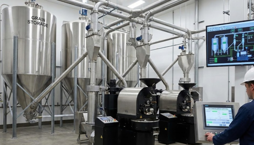 Industrial coffee production setup showing stainless steel grain storage silos connected via feeding lines to roasters, synchronized with a SCADA automation control panel operated by an engineer.