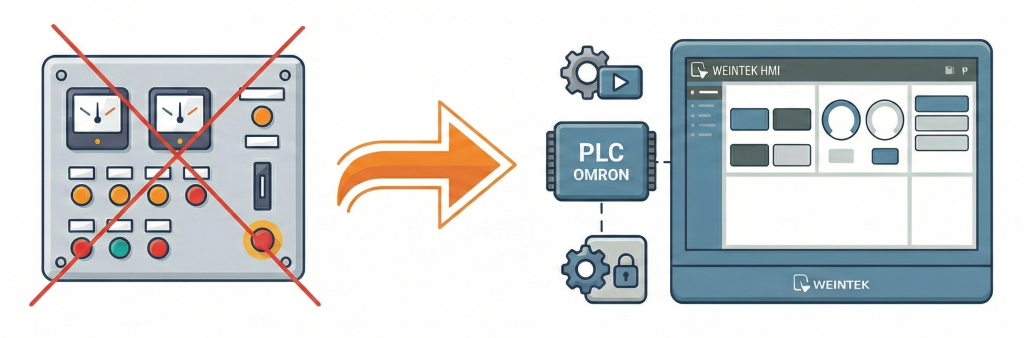 Grafika ilustrująca modernizację automatyki: przekreślony, przestarzały panel sterowniczy ze wskaźnikami analogowymi, od którego prowadzi strzałka do nowoczesnego systemu ze sterownikiem PLC Omron i dotykowym panelem HMI Weintek.